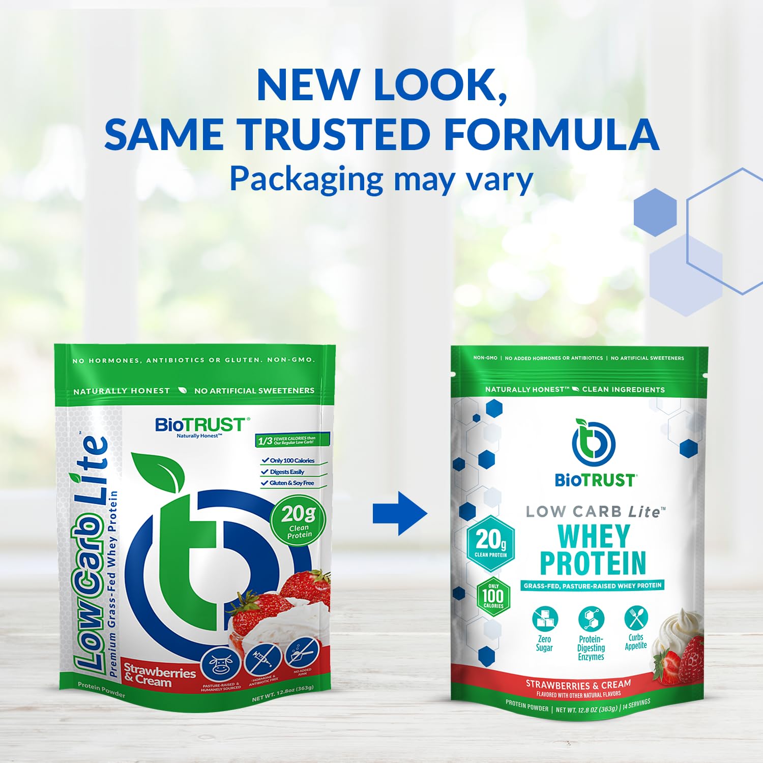 BioTrust Low Carb Lite strawberries-cream flavor offers creamy, sugar-free indulgence