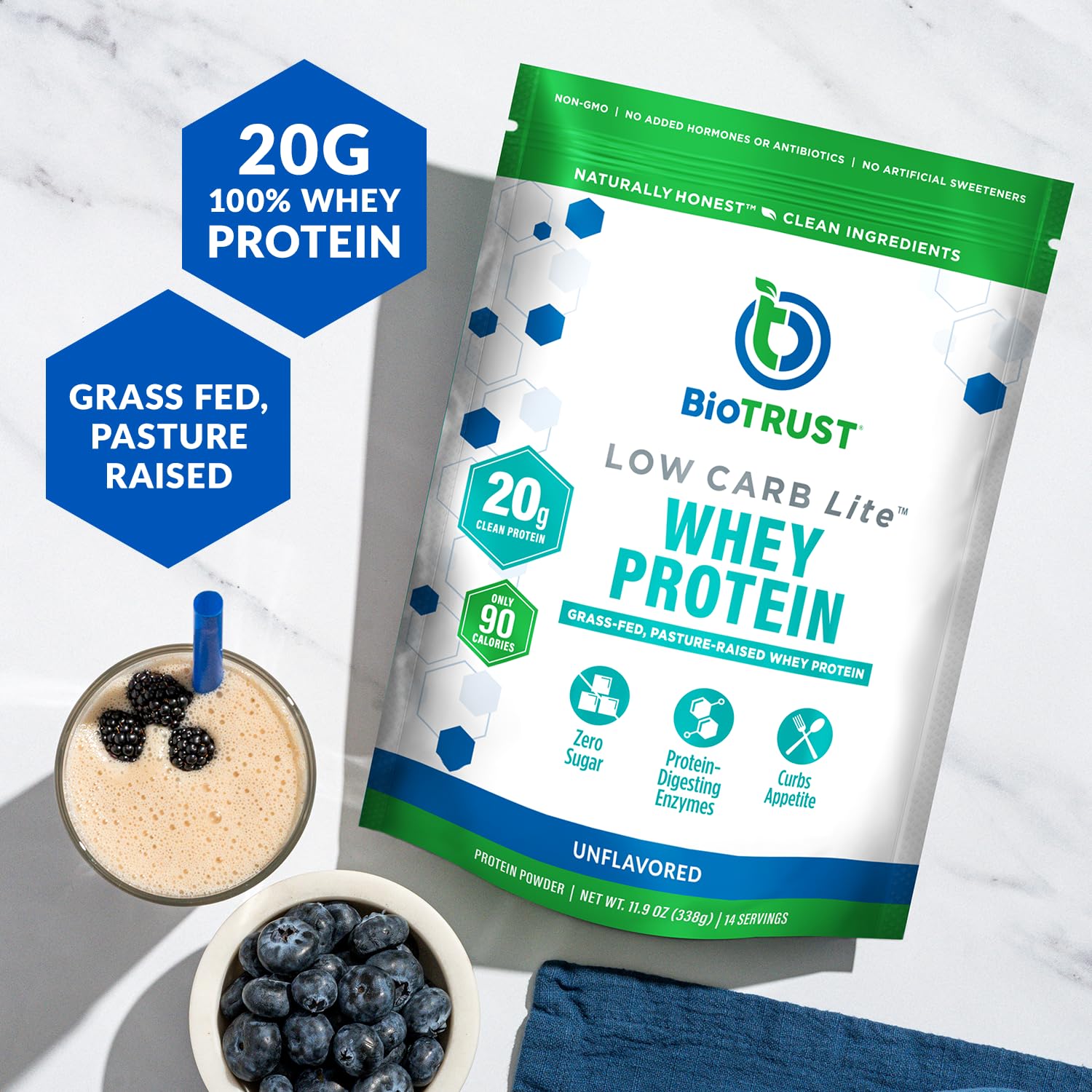 BioTrust Low Carb Lite tub back nutrition panel outlines keto-friendly macros and serving size.