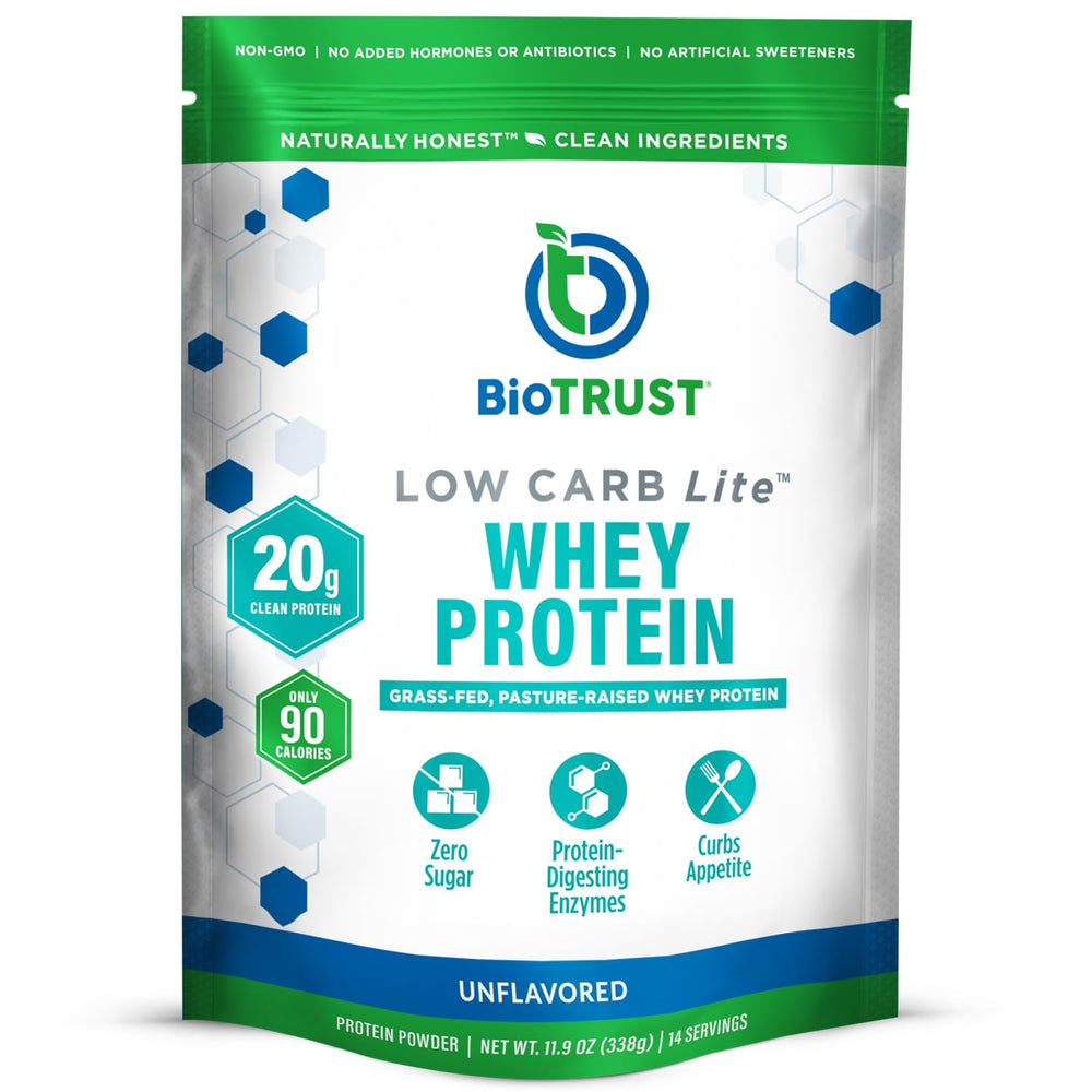 BioTrust Low Carb Lite tub front view highlights protein-packed nutrition for post-workout recovery.