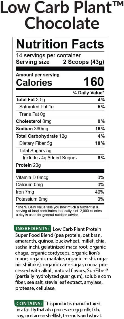 BioTrust Low Carb Plant protein scoop highlighting 20g protein per serving.