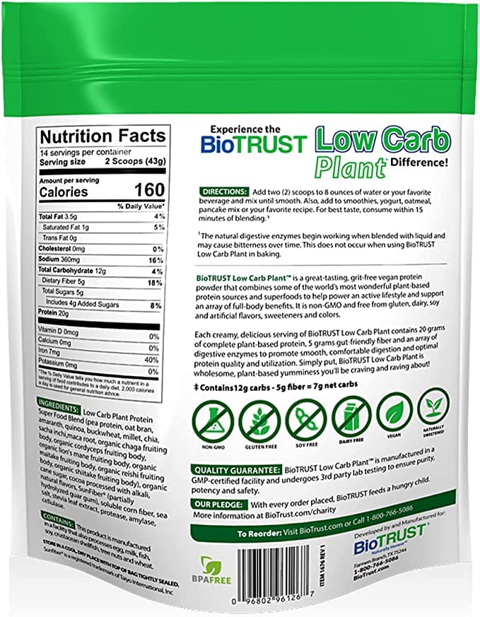 BioTrust Low Carb Plant shake poured into glass for creamy, post-workout recovery.