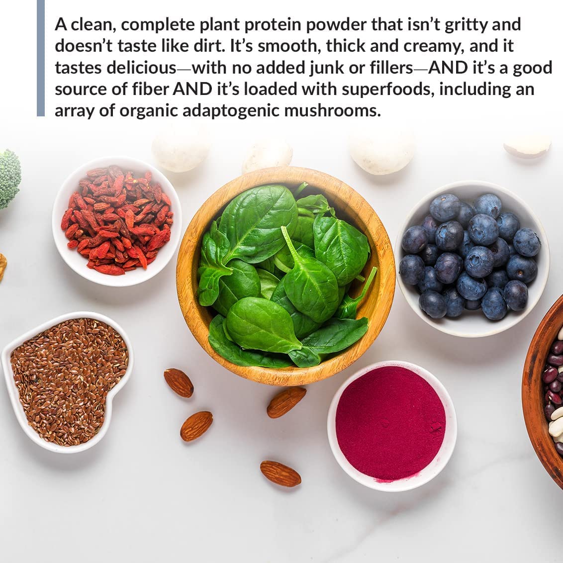 BioTrust Low Carb Plant ingredients panel highlighting 15 superfoods