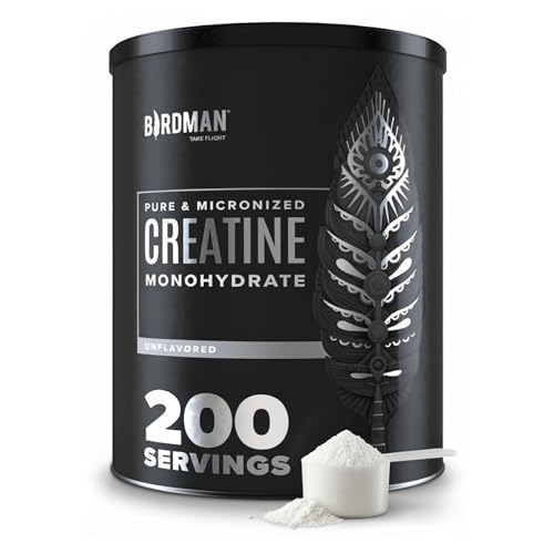 Birdman Micronized Creatine Monohydrate powder container with scoop