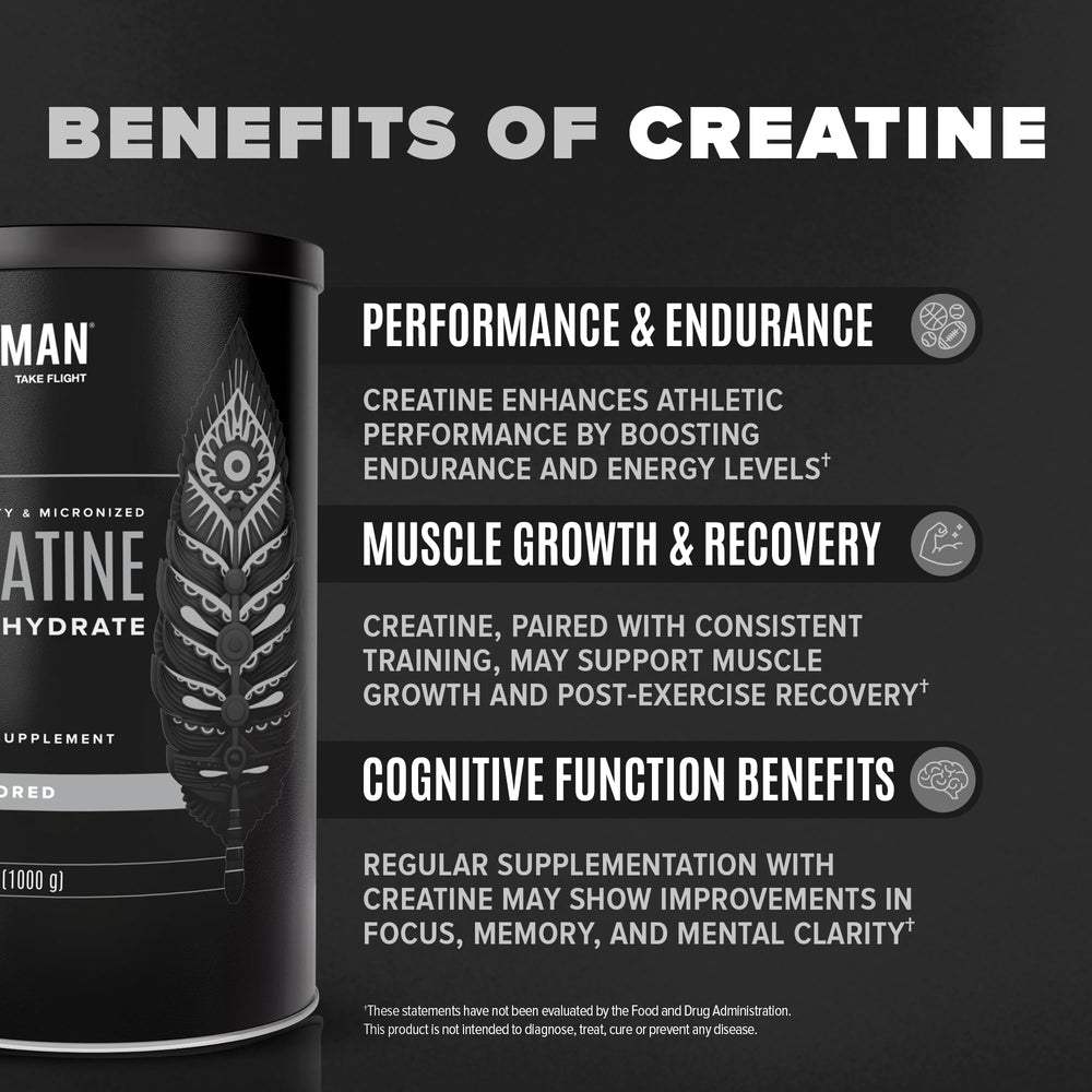 Vegan, sugar-free and gluten-free label on Birdman creatine packaging