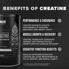Vegan, sugar-free and gluten-free label on Birdman creatine packaging
