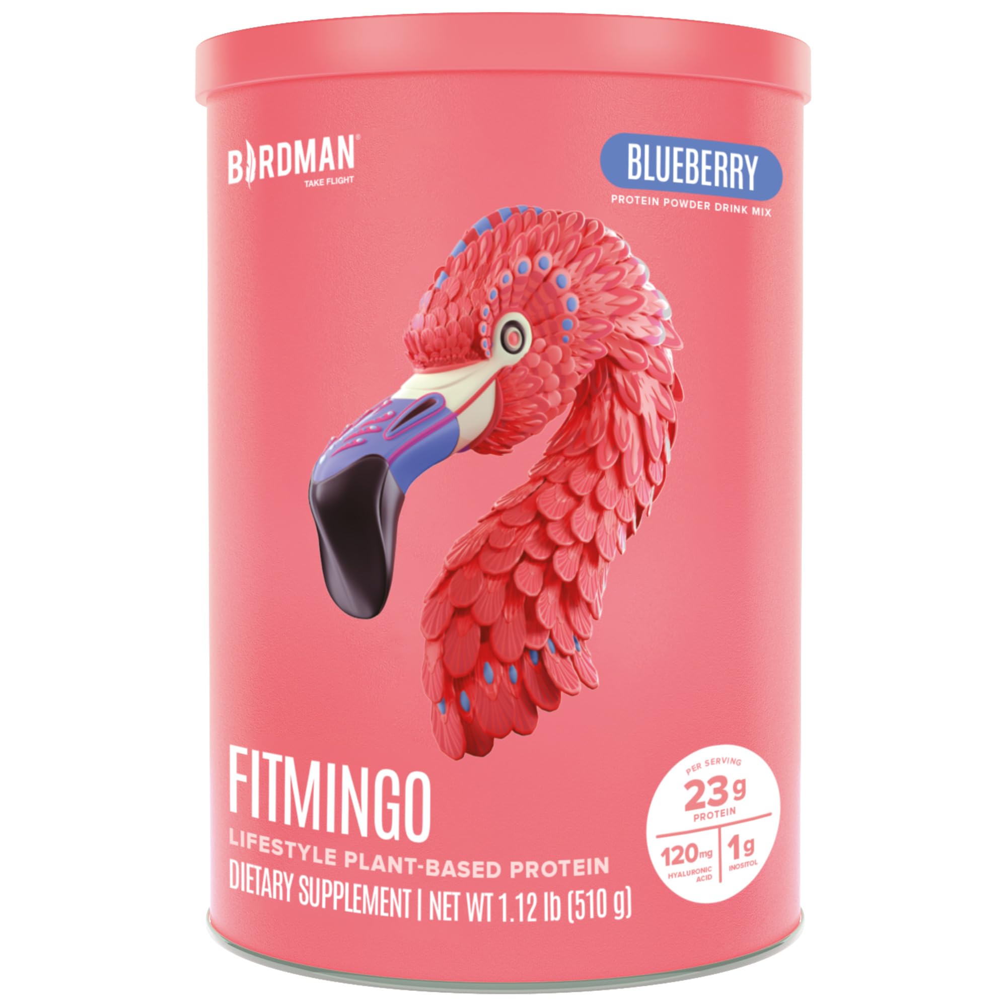BIRDMAN Fitmingo blueberry protein powder bottle highlights post-workout nutrition.
