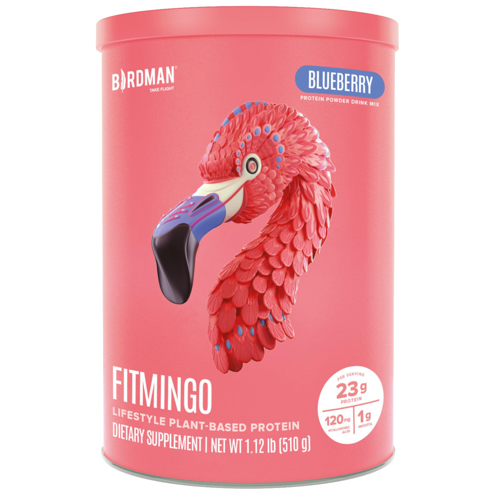 BIRDMAN Fitmingo blueberry protein powder bottle highlights post-workout nutrition.