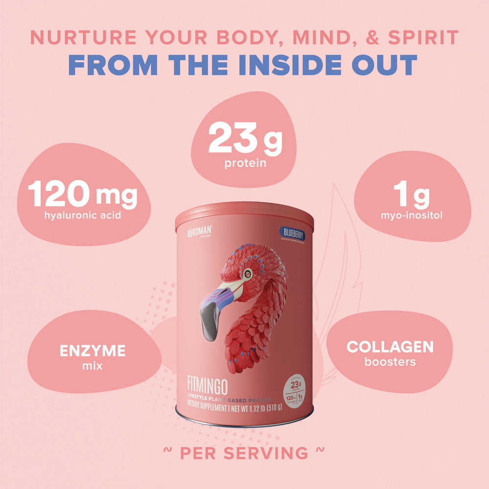 BIRDMAN Fitmingo shake glass with blueberry powder ready-made smoothie.