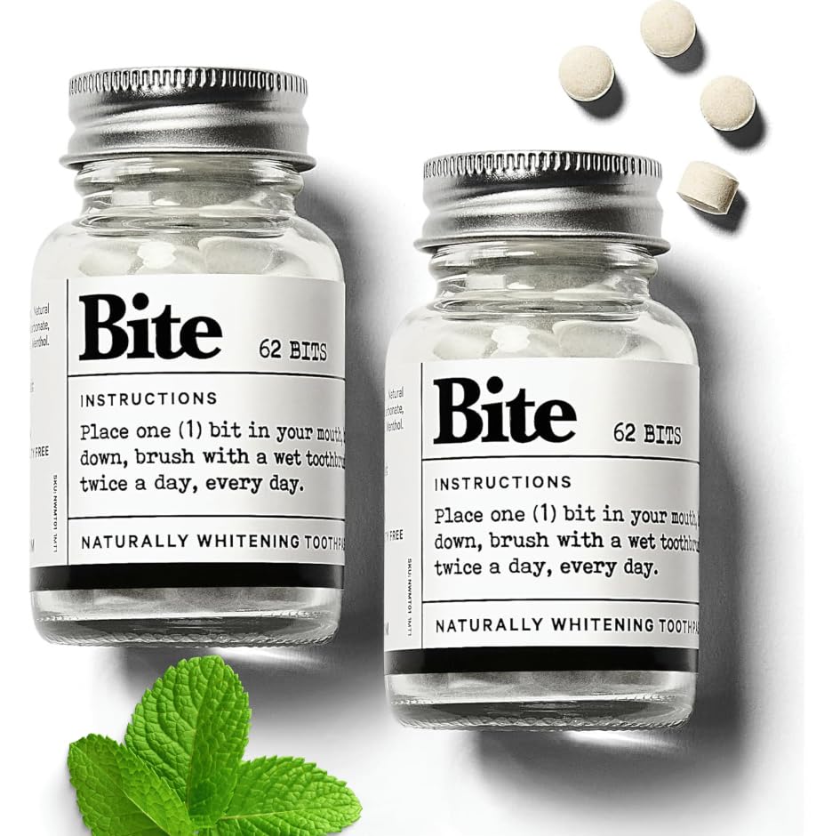 Bite Toothpaste Bits jar with 124 tablets displayed