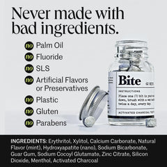 Close-up of Bite Toothpaste Bits with activated charcoal whitening