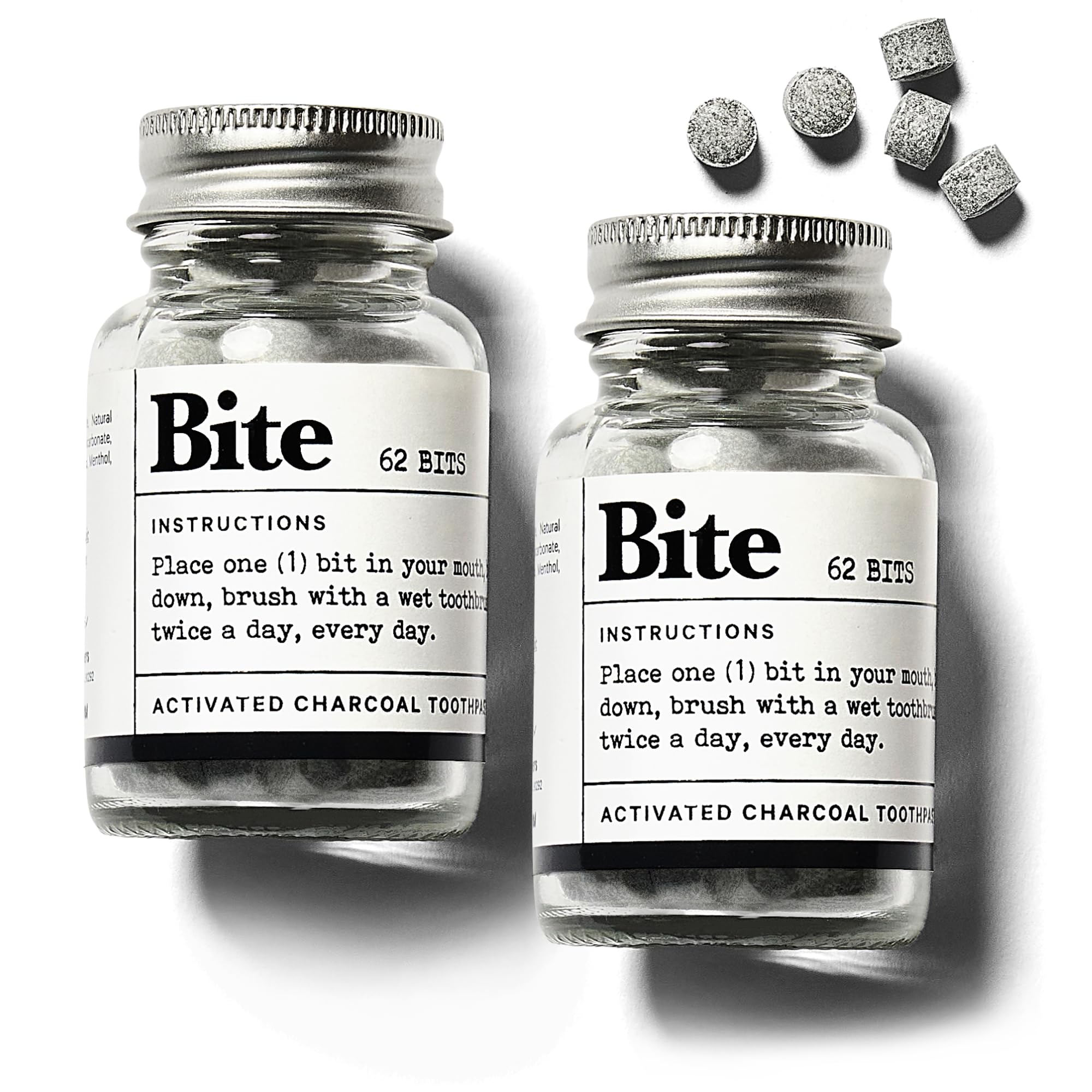 Bite Whitening Toothpaste Tablets Mint Charcoal packaging with two glass refill bottles