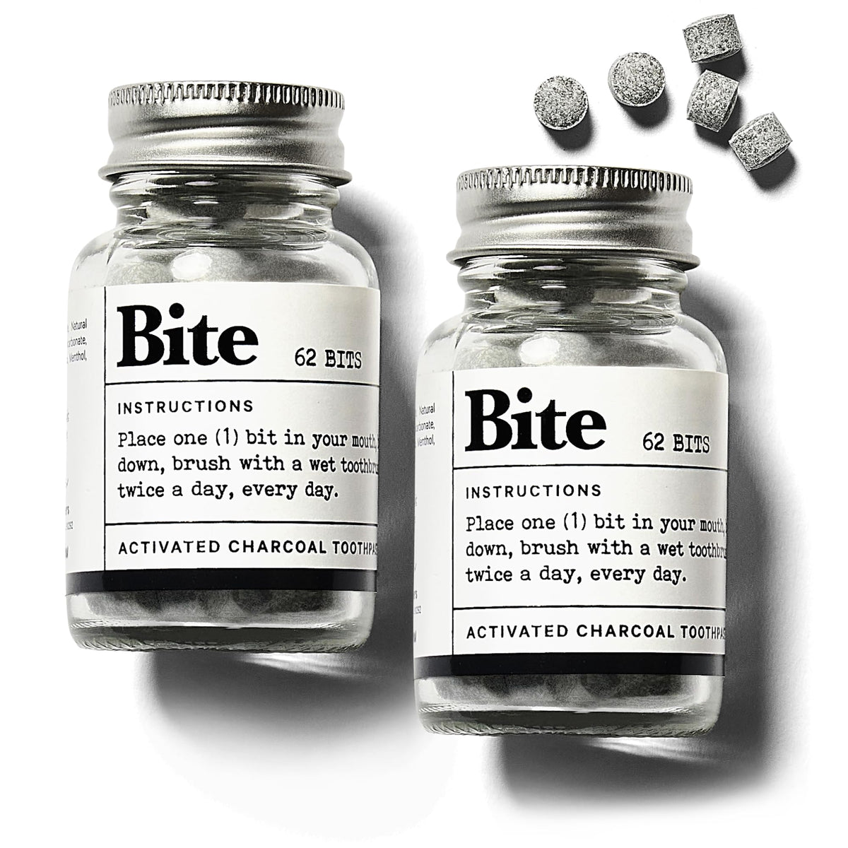 Bite Whitening Toothpaste Tablets Mint Charcoal packaging with two glass refill bottles