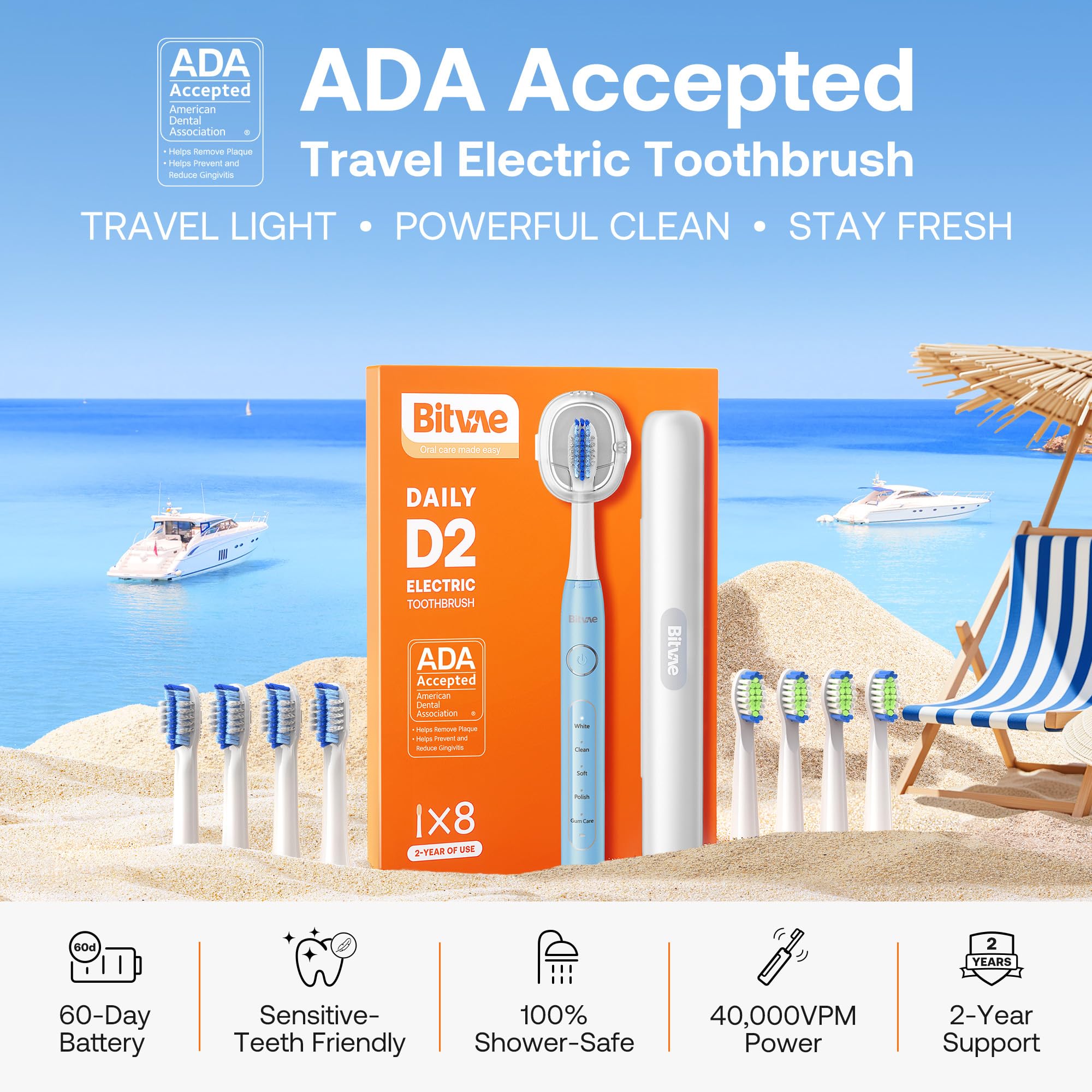 Close-up of Bitvae D2 electric toothbrush in sky blue