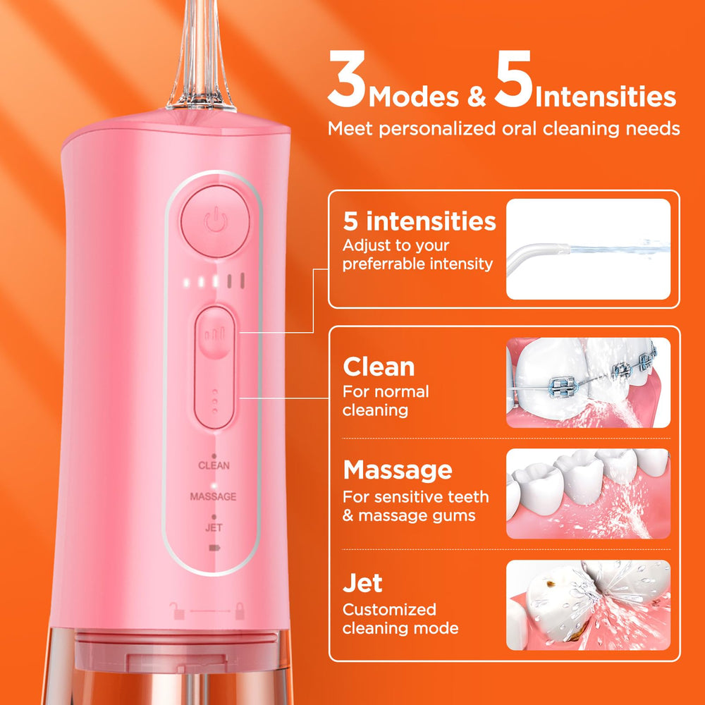 Flosser displaying 3 modes and 5 intensity settings
