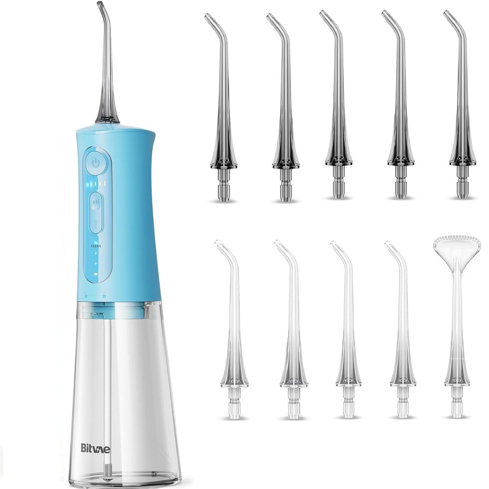 Bitvae C5 Water Flosser Sky Blue front view with 10 nozzles