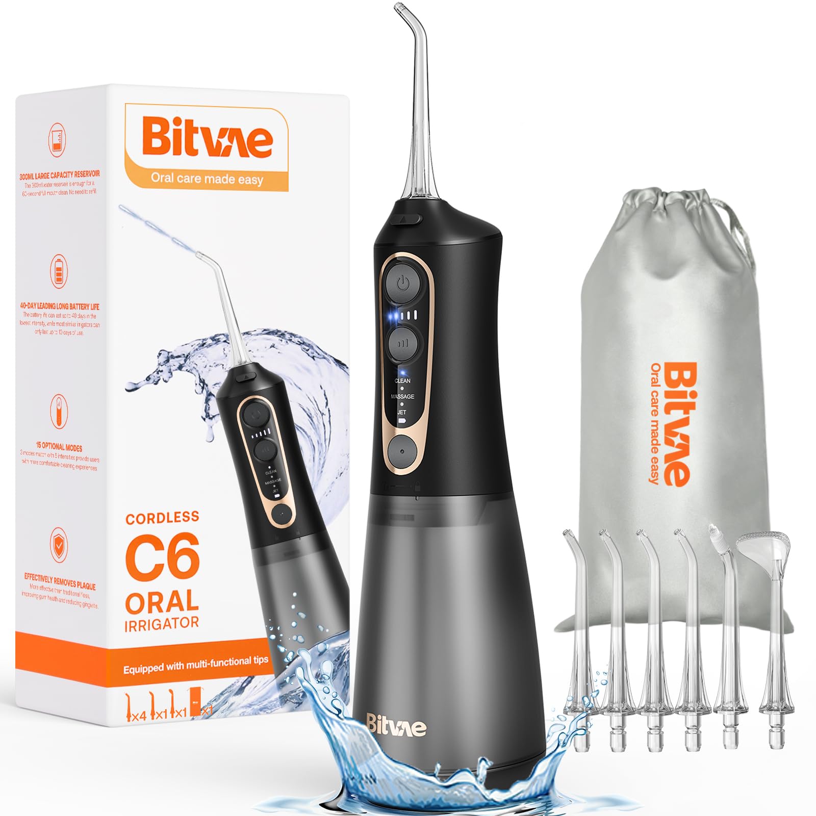 Bitvae C6 water dental flosser in black with 6 jet tips