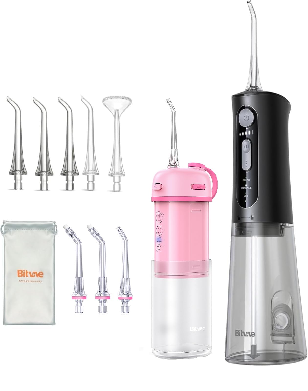 Main product image: Bitvae cordless water dental flosser and P1 travel bundle in Black & Pink