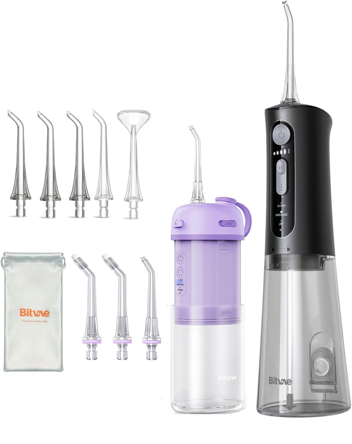Bitvae cordless water flossers in black and purple, front view