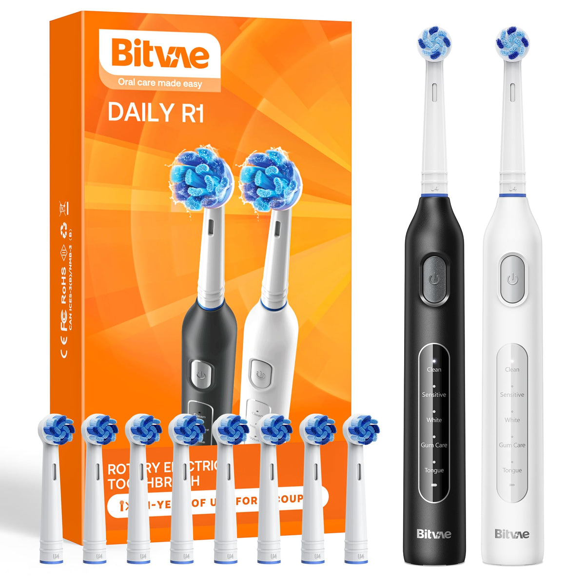 Bitvae R1 rotating electric toothbrush 2-pack with 8 replacement heads