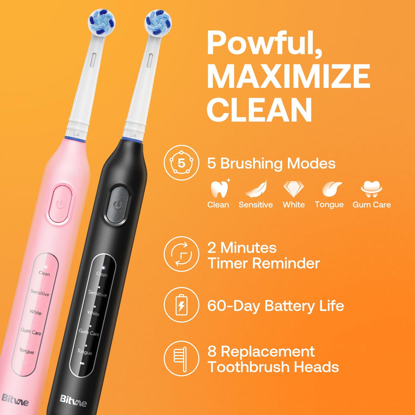 Back/side view of Bitvae R1 toothbrush in black and pink