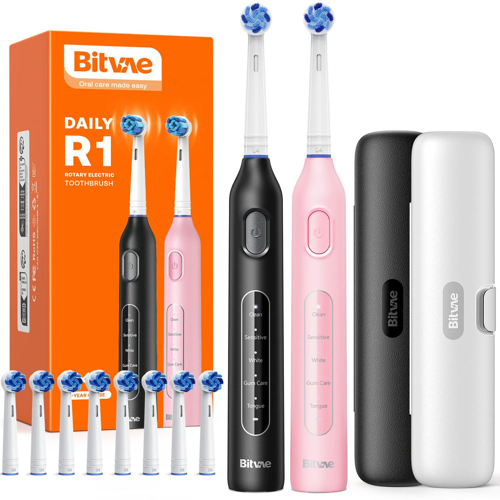 Front view of Bitvae R1 rotating electric toothbrush in black and pink — 2-pack