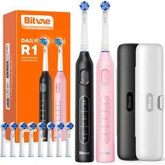 Front view of Bitvae R1 rotating electric toothbrush in black and pink — 2-pack