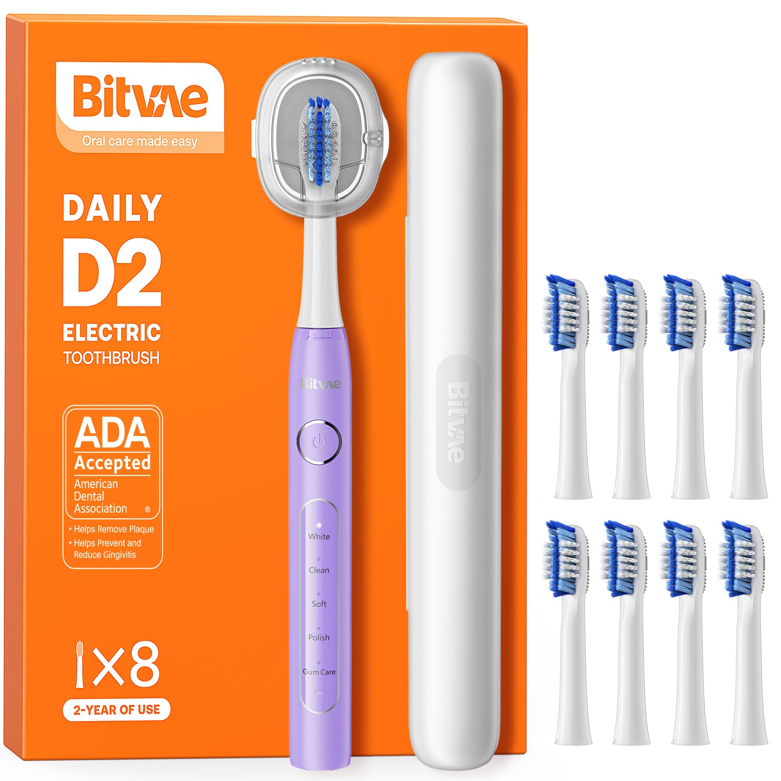 Bitvae D2 Ultrasonic Electric Toothbrush Purple with 60-Day Battery Life
