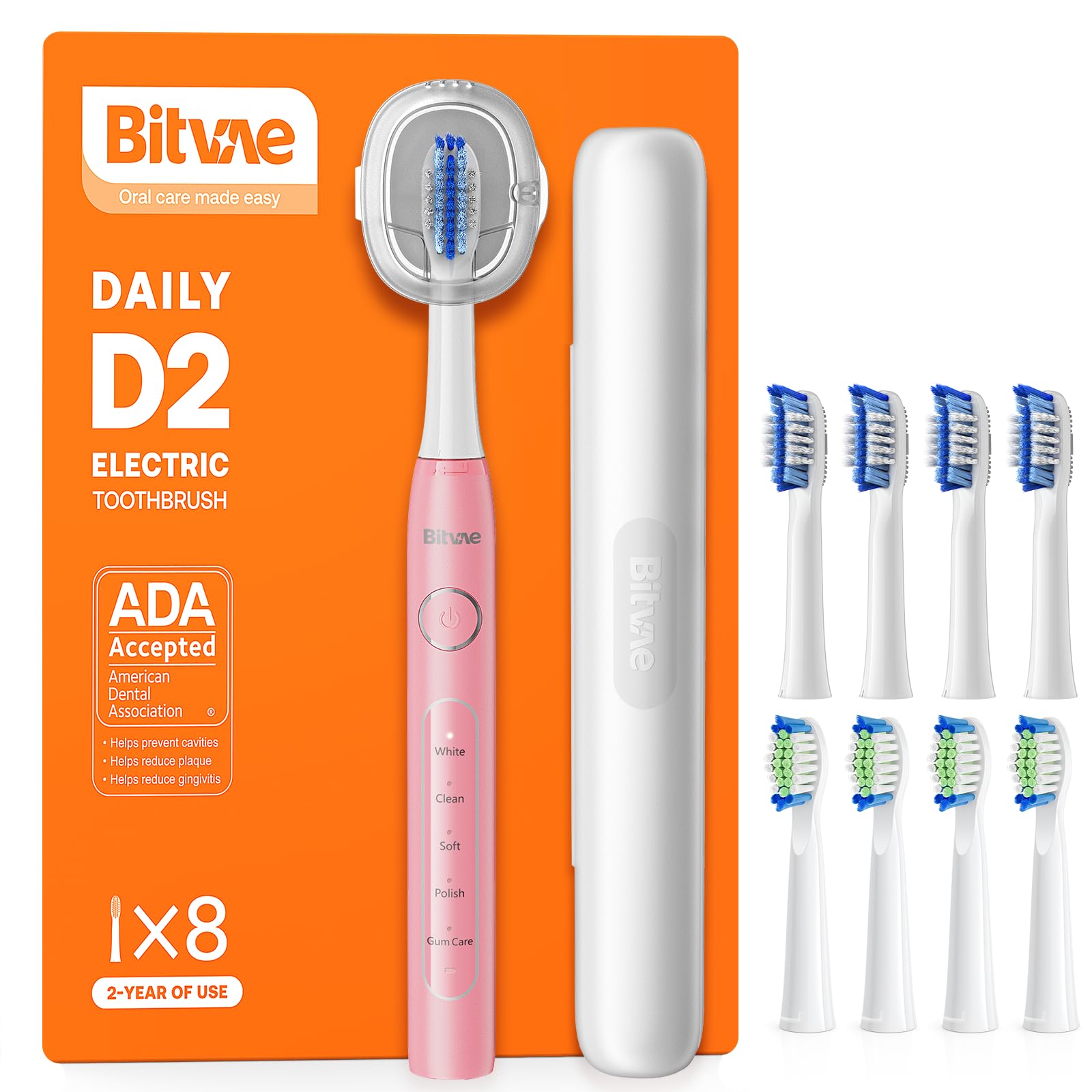Bitvae D2 ultrasonic toothbrush in quartz pink, front view
