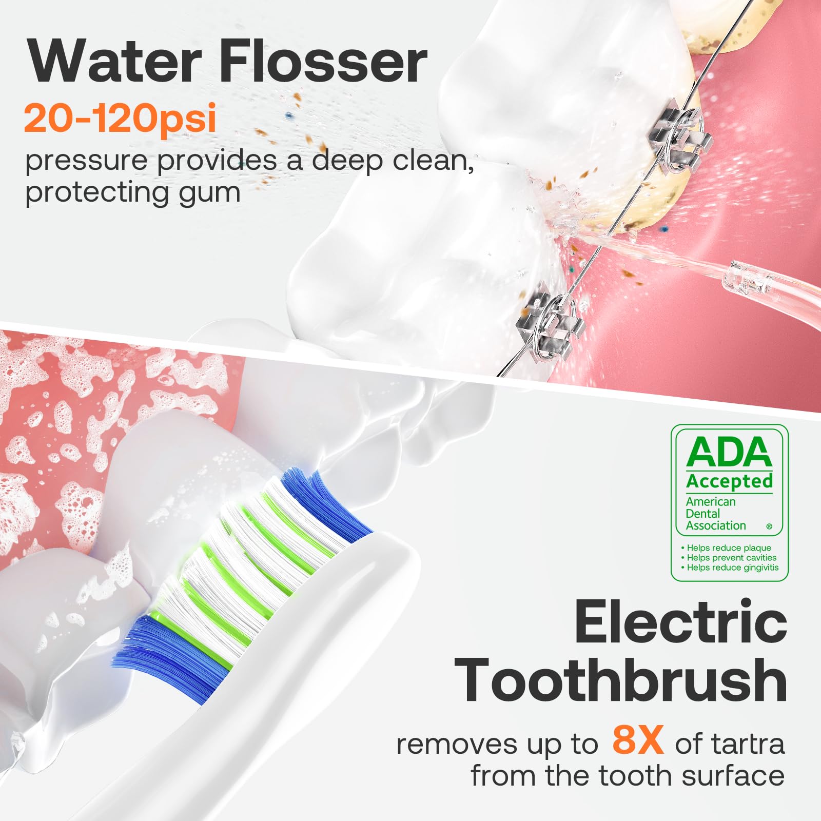 Water flosser kit with 4 replacement brush heads and 4 nozzles