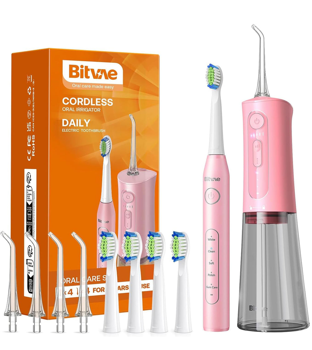 Bitvae water flosser and sonic toothbrush combo in quartz pink, front view