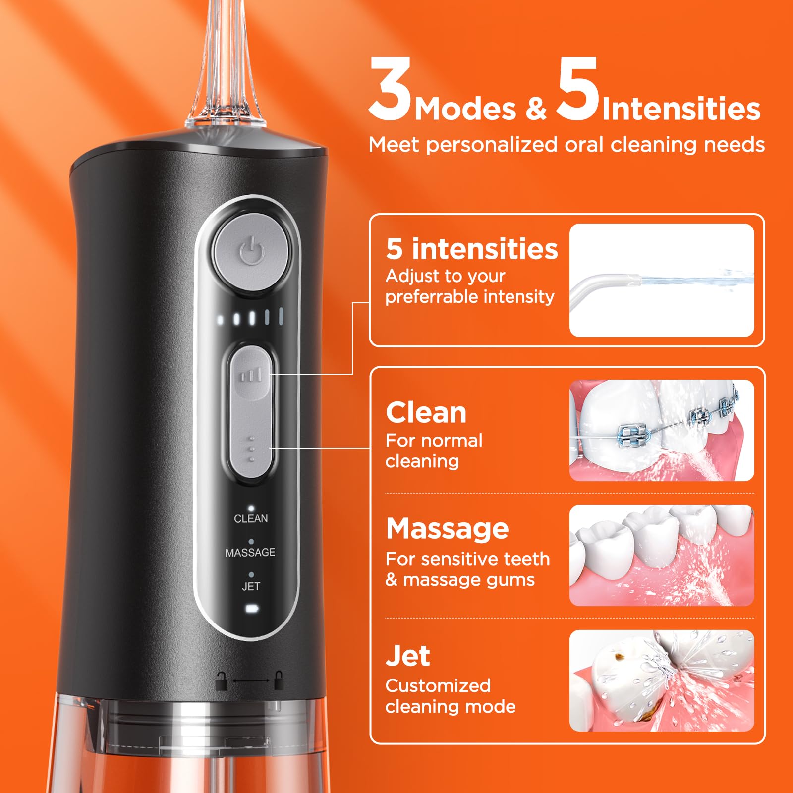 Water flosser demonstrating adjustable PSI range 50-120