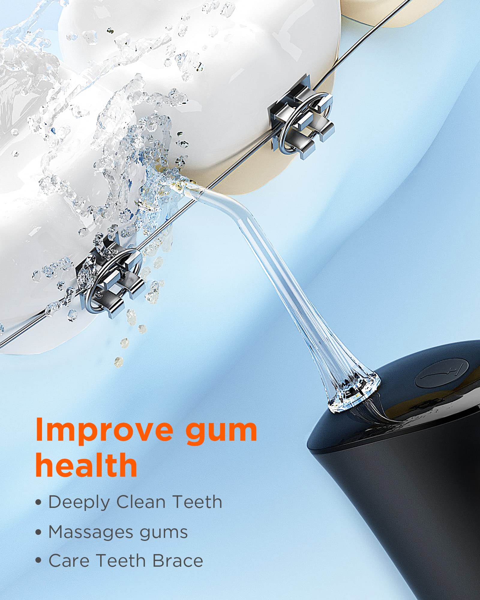Product image showing all included items: water flosser, toothbrush, and nozzles