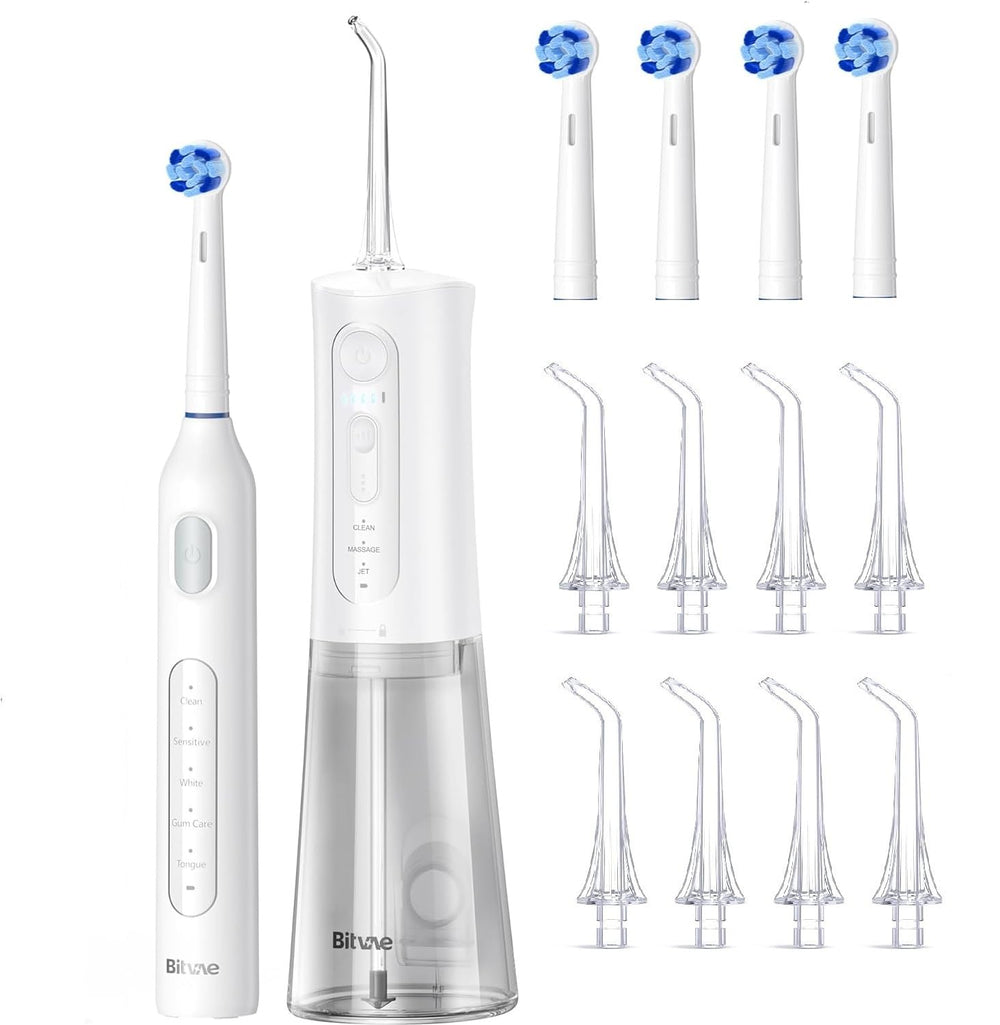 Bitvae water flosser and toothbrush bundle in white, front view