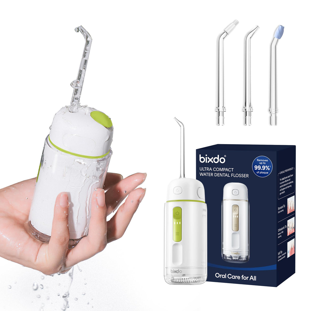 Compact portable bixdo water flosser on a travel bag