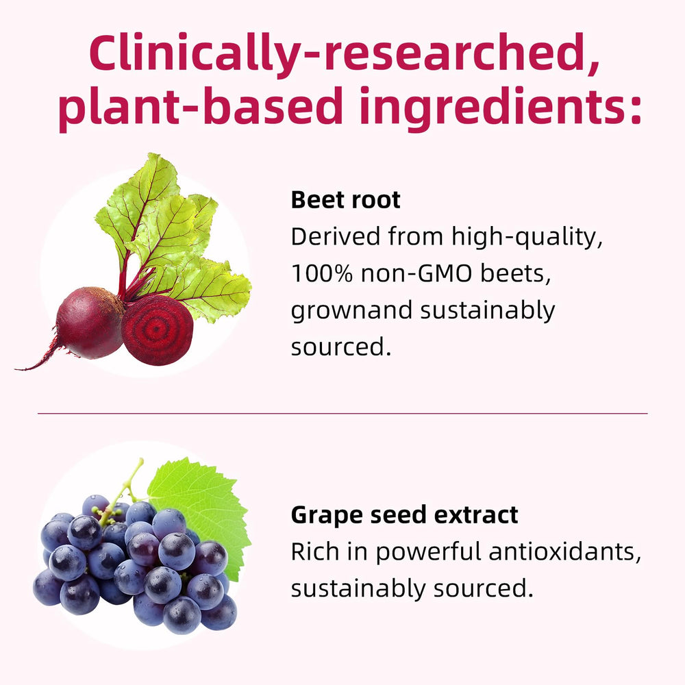 Beet root powder and grape seed extract ingredients imagery