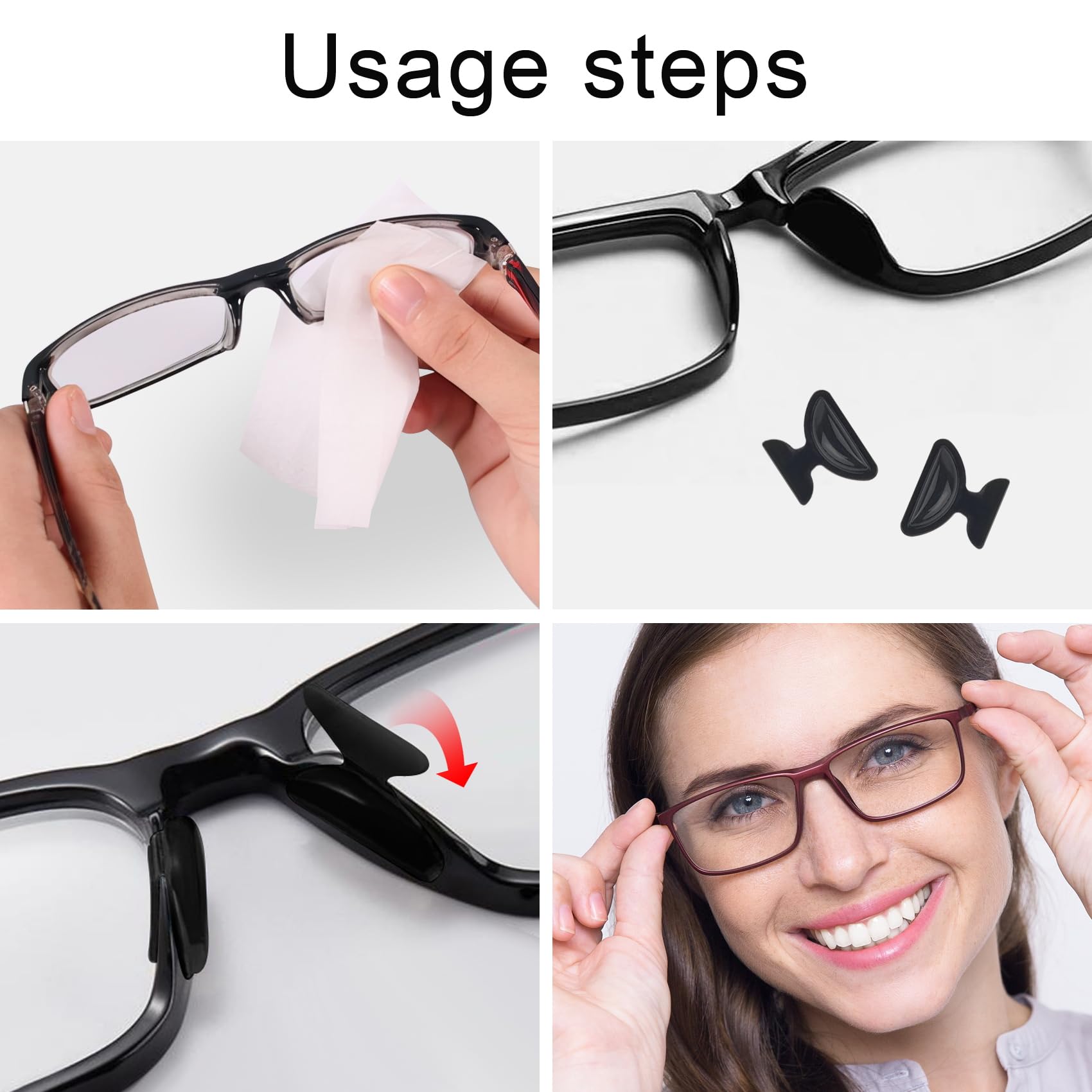 Anti-slip silicone nose pads firmly attached to glasses