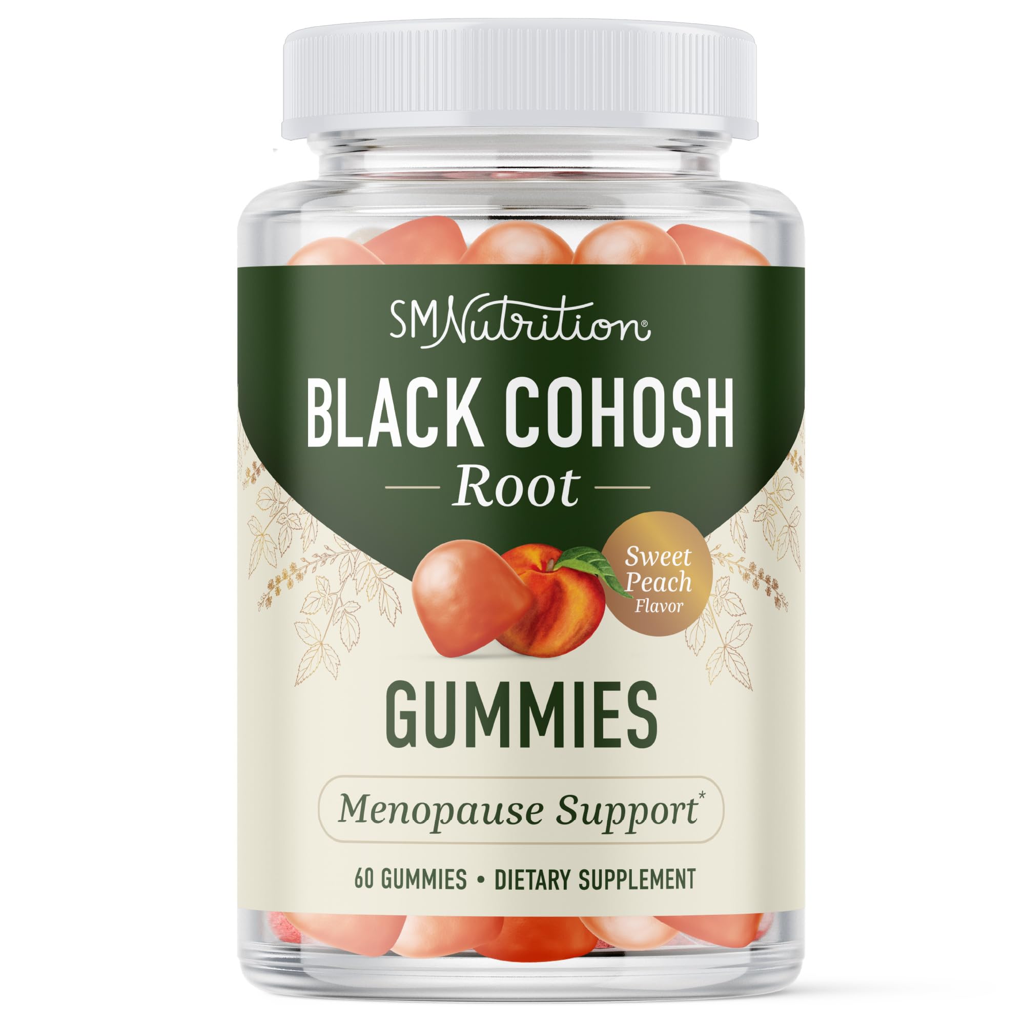 Front label of Black Cohosh Gummies bottle showing peach flavor and 60 gummies