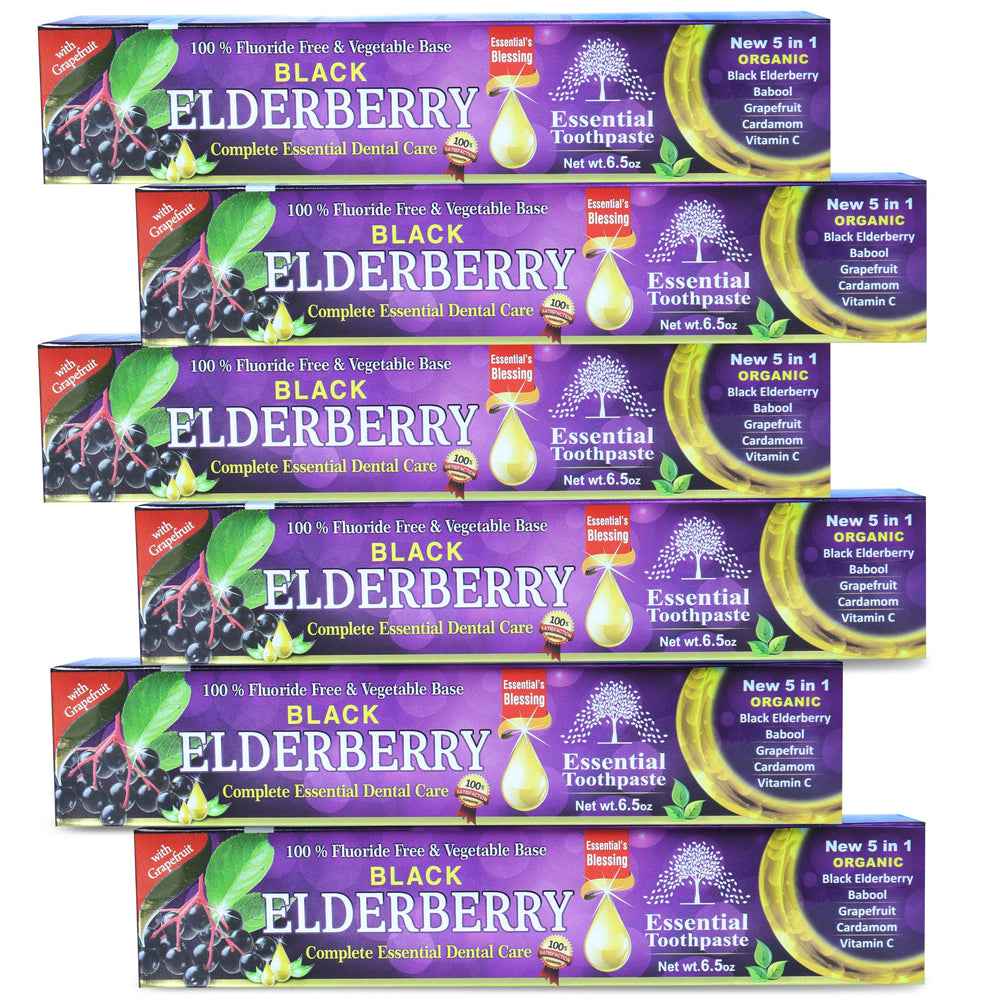 Black Elderberry Essential Toothpaste 6.5 oz – Pack of 6 with organic 5-in-1 formula (Babool, Grapefruit, Cardamom, Vitamin C)