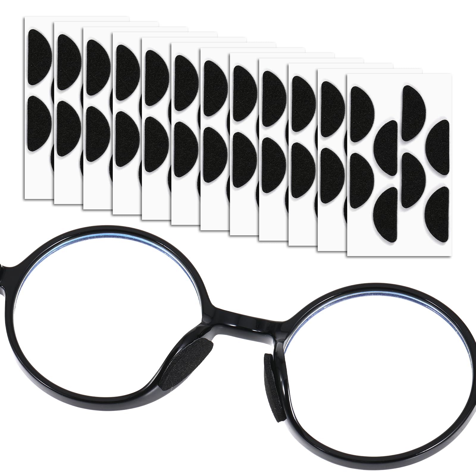 Black 1.6mm self-adhesive eyeglass nose pads arranged on sheets