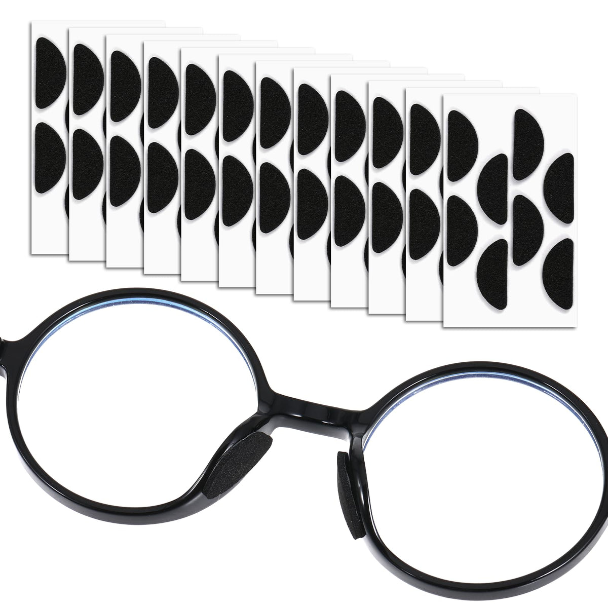 Black 1.6mm self-adhesive eyeglass nose pads arranged on sheets