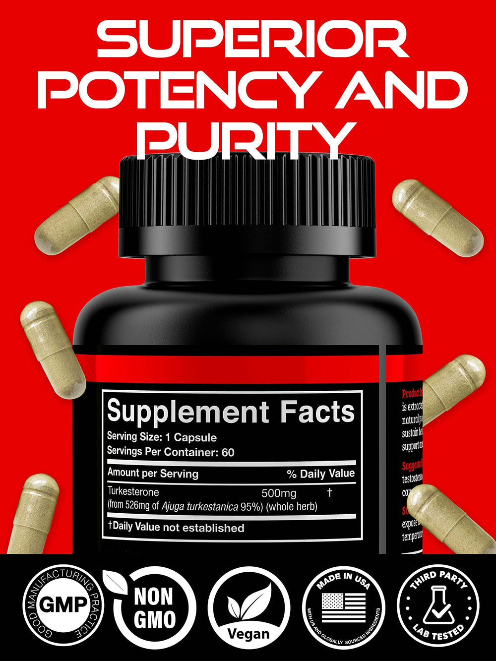 60 capsules per bottle with 500mg Turkesterone per capsule