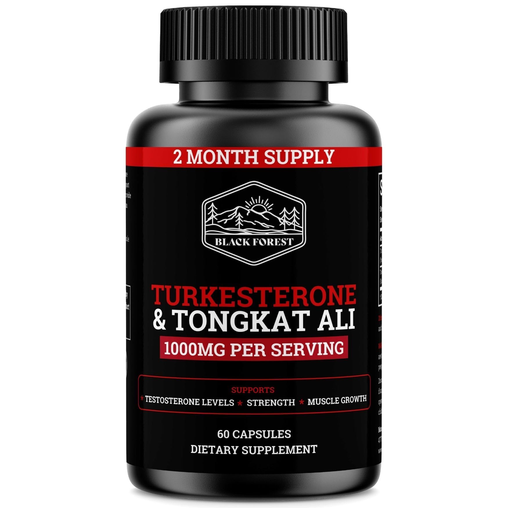 Bottle of Black Forest Turkesterone Tongkat Ali supplement with label