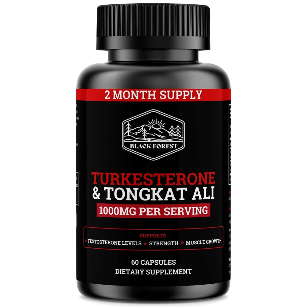 Bottle of Black Forest Turkesterone Tongkat Ali supplement with label