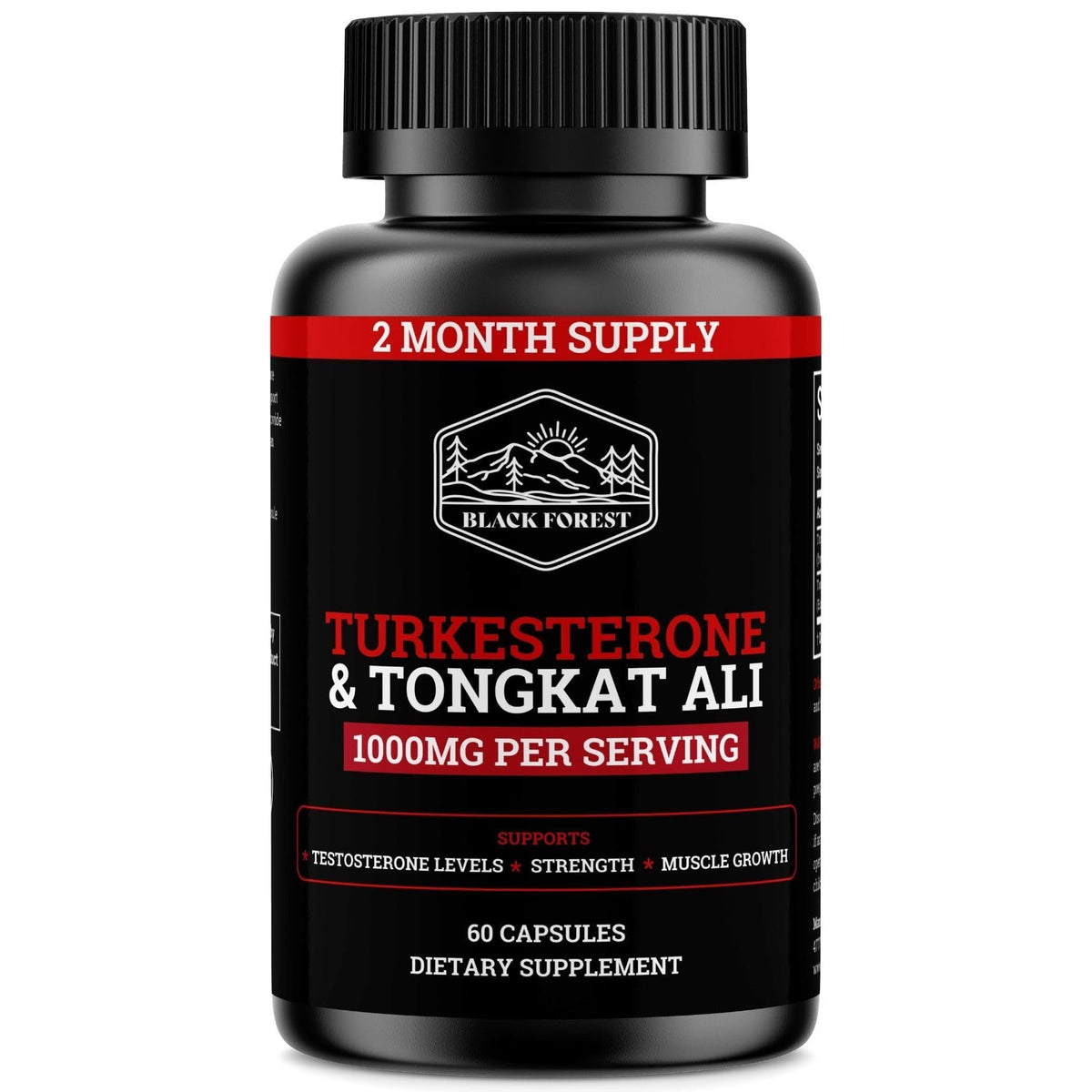 Bottle of Black Forest Turkesterone Tongkat Ali supplement with label