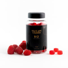 Bottle of Black Girl Vitamins B12 Gummies Raspberry flavor 60-count