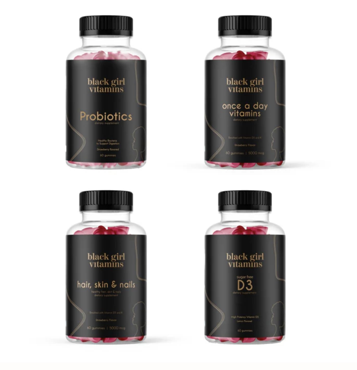 Black Girl Vitamins bundle featuring D3 gummies, probiotics, hair-skin-nails vitamins, and sea moss capsules
