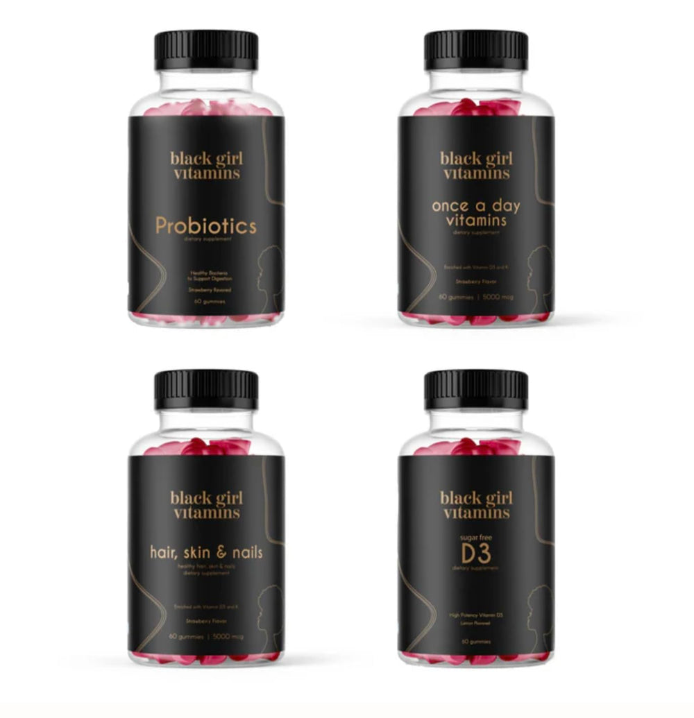 Black Girl Vitamins bundle featuring D3 gummies, probiotics, hair-skin-nails vitamins, and sea moss capsules