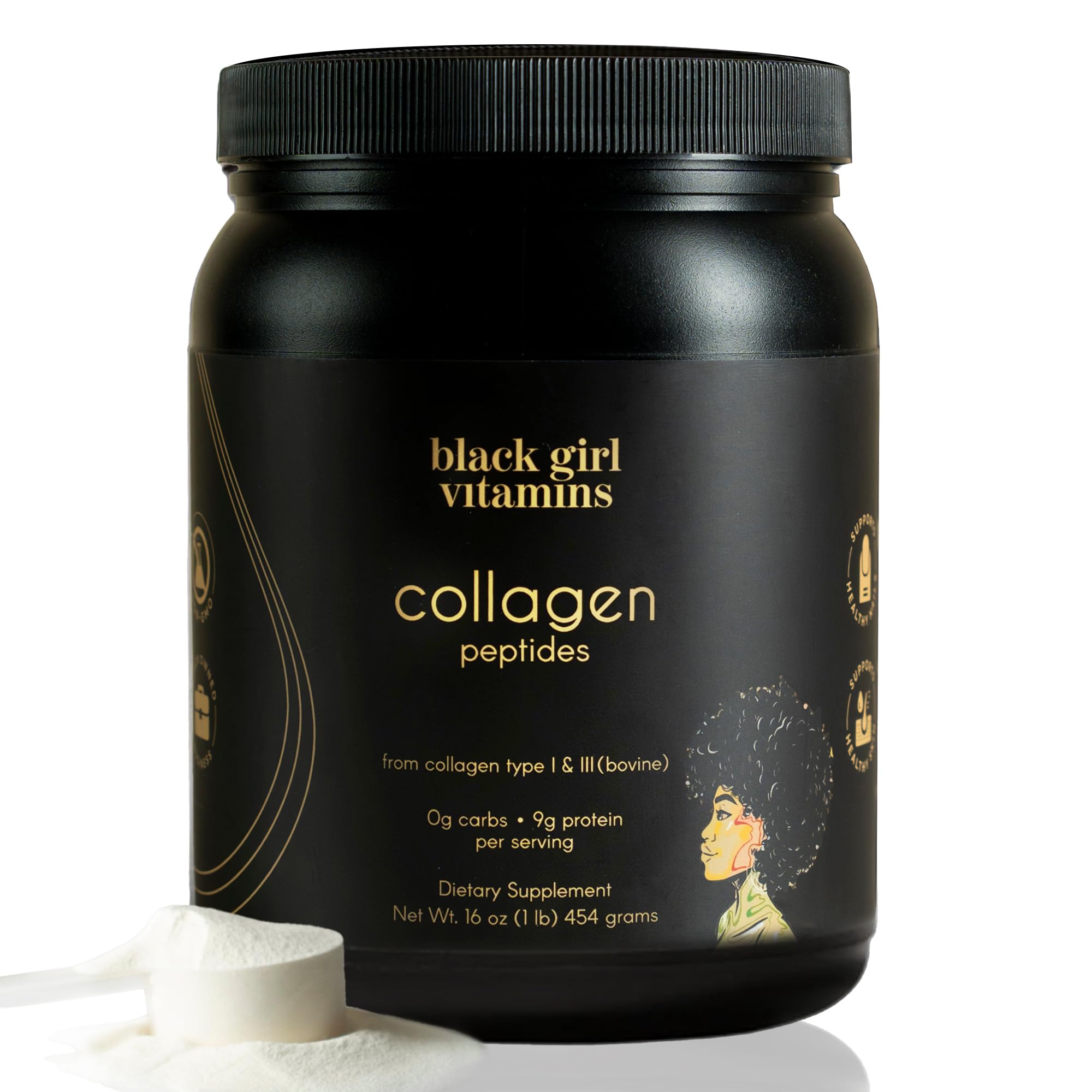 Black Girl Vitamins collagen powder tub closeup showing premium unflavoured texture for skin support.