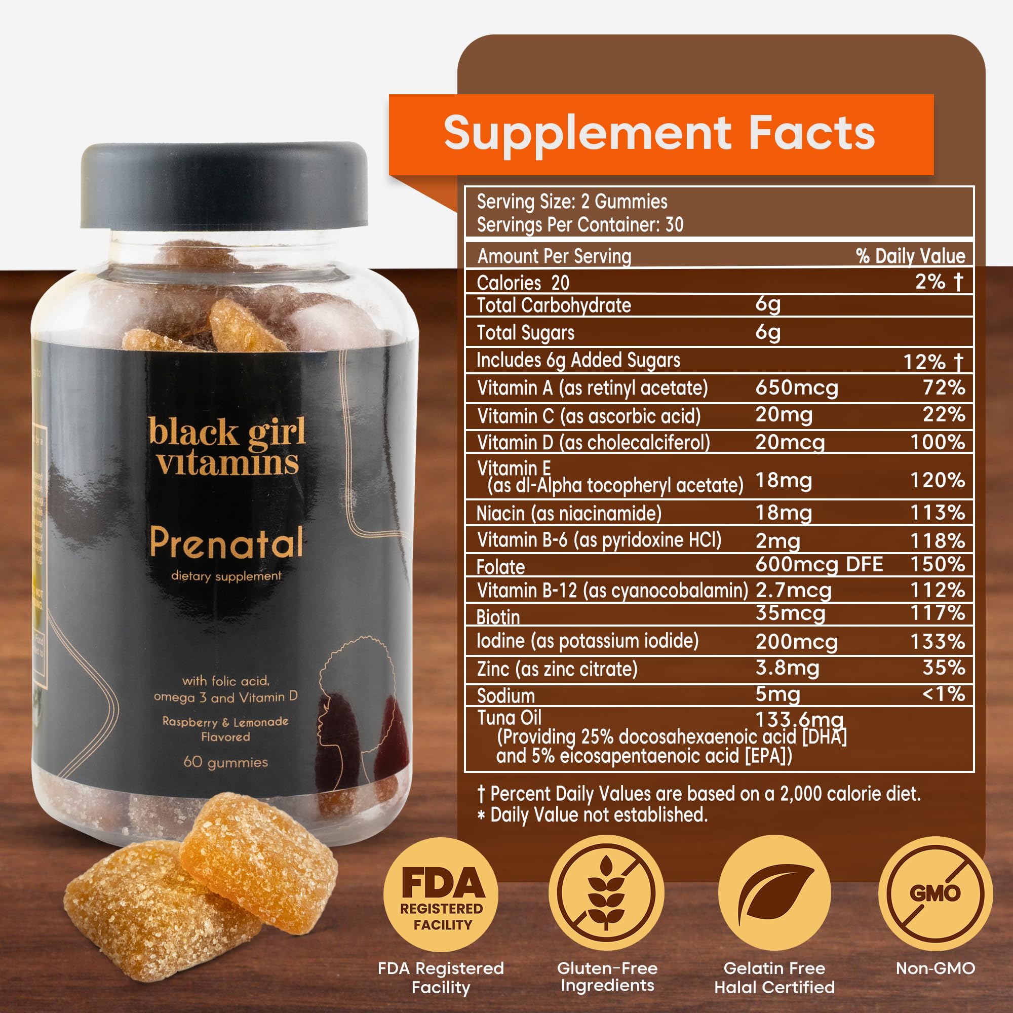 Branding packaging showing Black-owned USA-made prenatal gummies