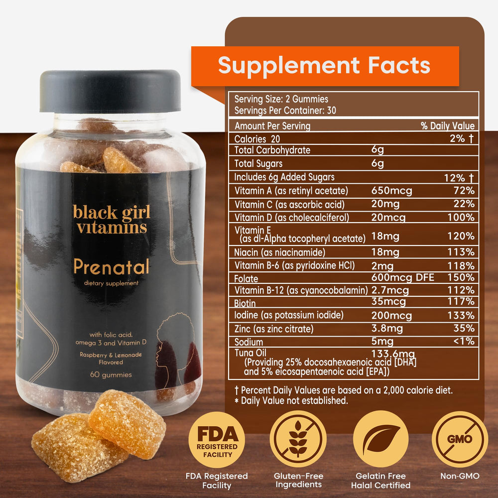 Branding packaging showing Black-owned USA-made prenatal gummies